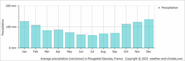 Average monthly rainfall, snow, precipitation in Plougastel-Daoulas, France