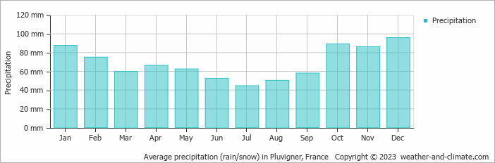 Average monthly rainfall, snow, precipitation in Pluvigner, 