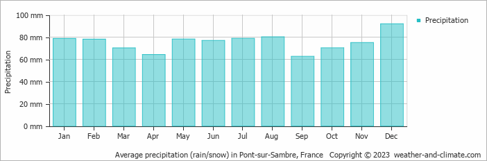 Average monthly rainfall, snow, precipitation in Pont-sur-Sambre, 