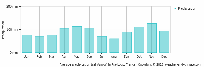 Average monthly rainfall, snow, precipitation in Pra-Loup, France