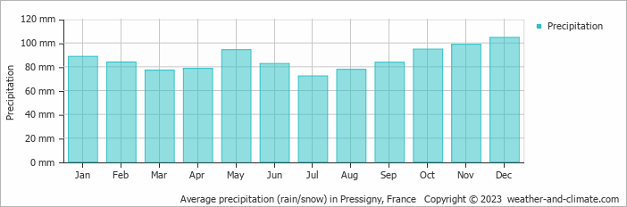 Average monthly rainfall, snow, precipitation in Pressigny, France