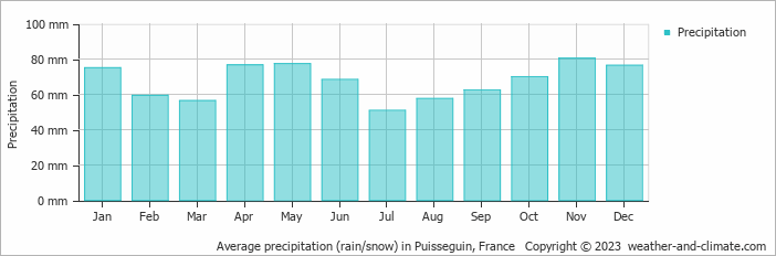 Average monthly rainfall, snow, precipitation in Puisseguin, France