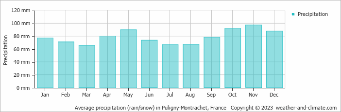 Average monthly rainfall, snow, precipitation in Puligny-Montrachet, France
