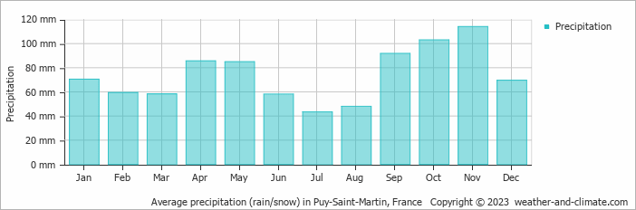 Average monthly rainfall, snow, precipitation in Puy-Saint-Martin, France