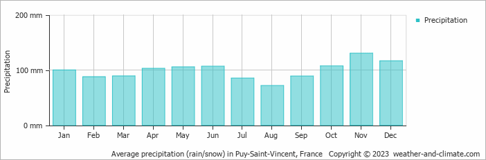 Average monthly rainfall, snow, precipitation in Puy-Saint-Vincent, France