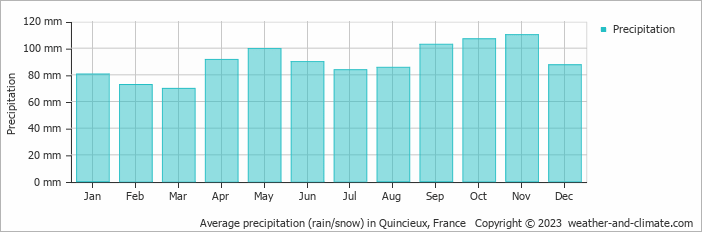 Average monthly rainfall, snow, precipitation in Quincieux, France