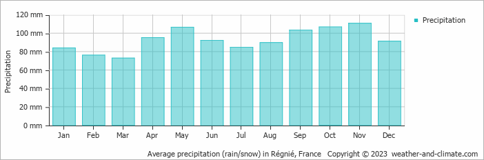 Average monthly rainfall, snow, precipitation in Régnié, France