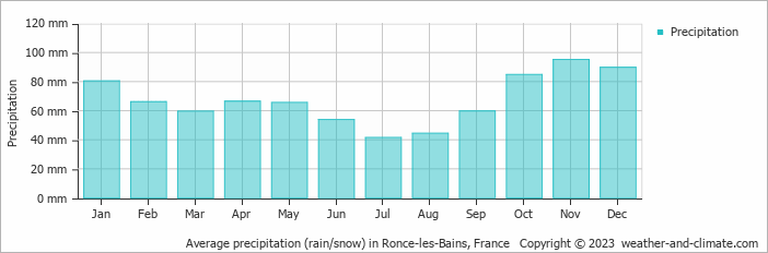 Average monthly rainfall, snow, precipitation in Ronce-les-Bains, France