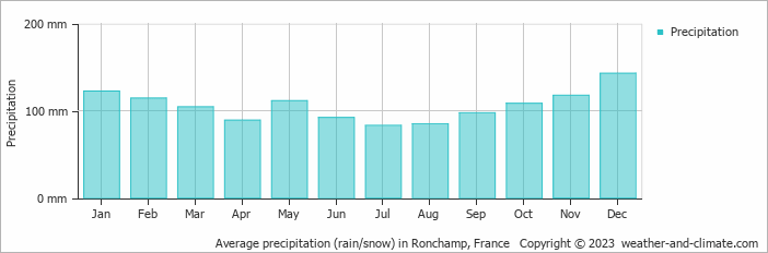 Average monthly rainfall, snow, precipitation in Ronchamp, 