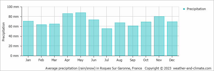 Average monthly rainfall, snow, precipitation in Roques Sur Garonne, France