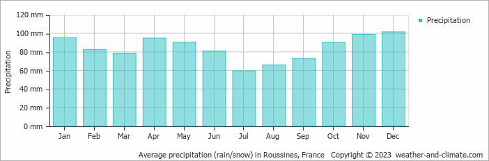 Average monthly rainfall, snow, precipitation in Roussines, France