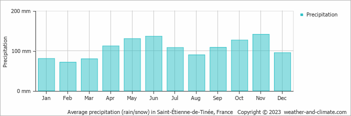 Average monthly rainfall, snow, precipitation in Saint-Étienne-de-Tinée, France