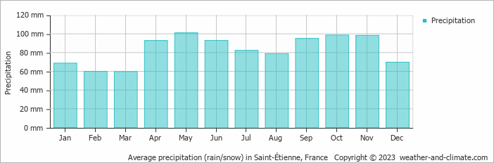 Average monthly rainfall, snow, precipitation in Saint-Étienne, France