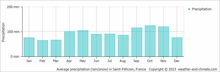 Average monthly rainfall, snow, precipitation in Saint-Félicien, France