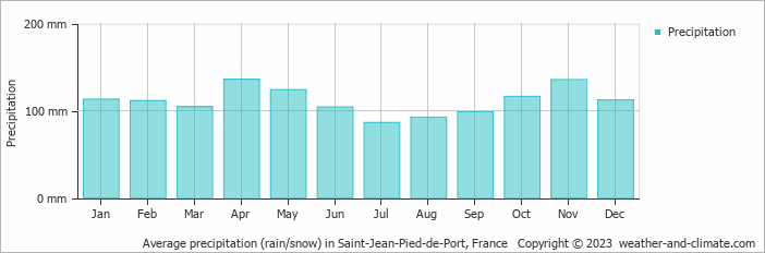 Average monthly rainfall, snow, precipitation in Saint-Jean-Pied-de-Port, France