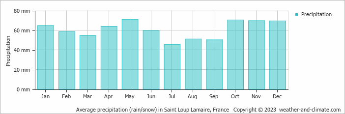 Average monthly rainfall, snow, precipitation in Saint Loup Lamaire, France