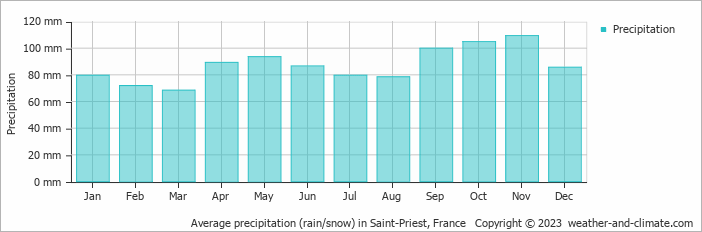 Average monthly rainfall, snow, precipitation in Saint-Priest, France