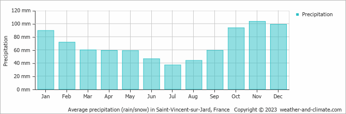 Average monthly rainfall, snow, precipitation in Saint-Vincent-sur-Jard, France