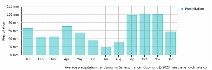 Average monthly rainfall, snow, precipitation in Saliers, France