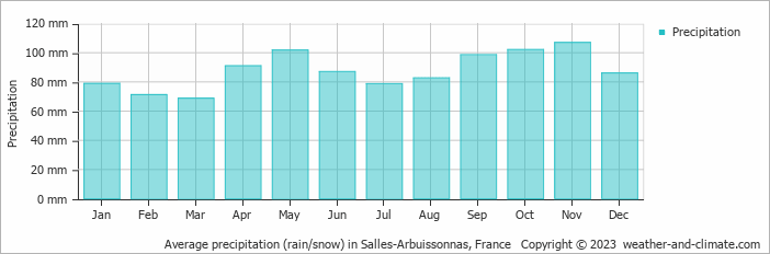 Average monthly rainfall, snow, precipitation in Salles-Arbuissonnas, France