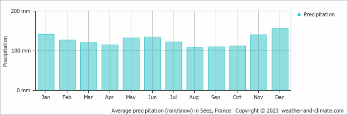 Average monthly rainfall, snow, precipitation in Séez, France