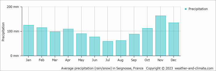 Average monthly rainfall, snow, precipitation in Seignosse, France