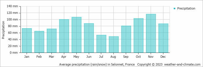 Average monthly rainfall, snow, precipitation in Selonnet, France