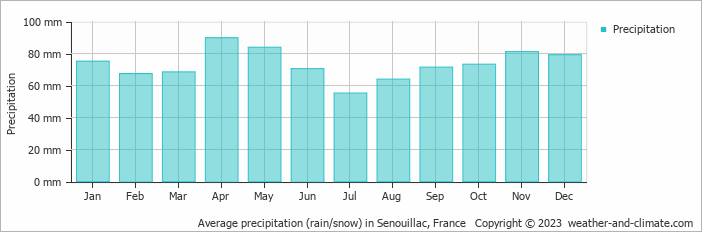 Average monthly rainfall, snow, precipitation in Senouillac, France