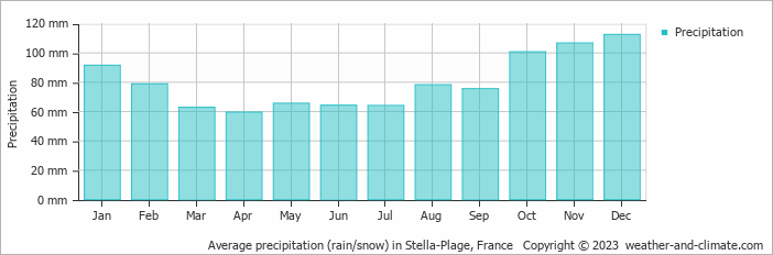 Average monthly rainfall, snow, precipitation in Stella-Plage, France