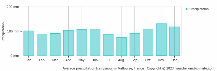 Average monthly rainfall, snow, precipitation in Vallouise, France