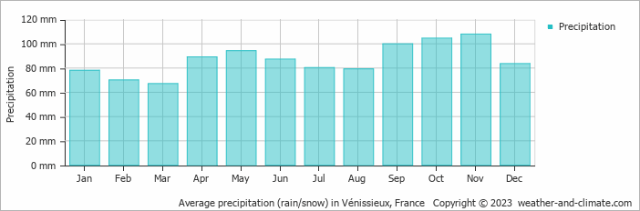 Average monthly rainfall, snow, precipitation in Vénissieux, France