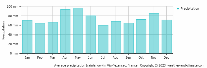 Average monthly rainfall, snow, precipitation in Vic-Fezensac, France