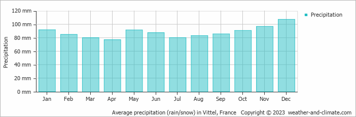 Average monthly rainfall, snow, precipitation in Vittel, France