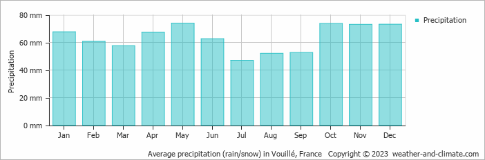 Average monthly rainfall, snow, precipitation in Vouillé, France