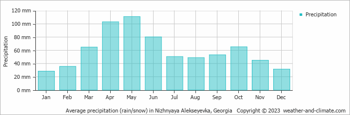 Average monthly rainfall, snow, precipitation in Nizhnyaya Alekseyevka, 