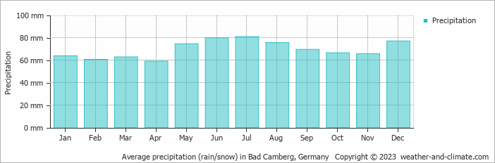 Average monthly rainfall, snow, precipitation in Bad Camberg, Germany