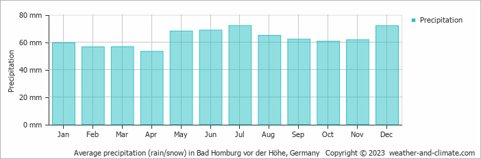 Average monthly rainfall, snow, precipitation in Bad Homburg vor der Höhe, Germany