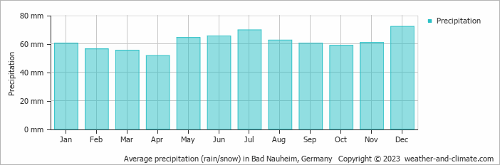 Average monthly rainfall, snow, precipitation in Bad Nauheim, Germany