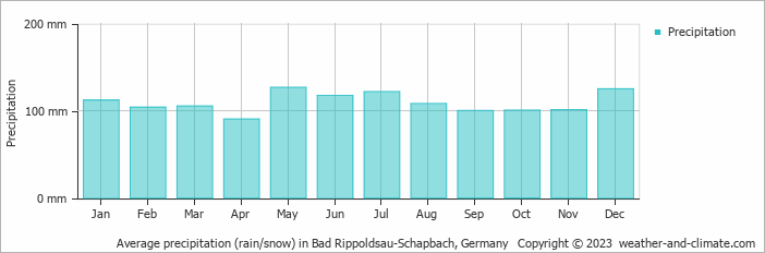 Average monthly rainfall, snow, precipitation in Bad Rippoldsau-Schapbach, 