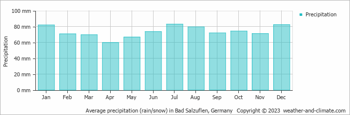 Average monthly rainfall, snow, precipitation in Bad Salzuflen, 