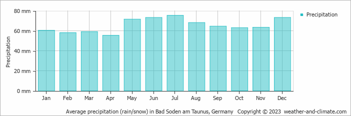 Average monthly rainfall, snow, precipitation in Bad Soden am Taunus, 