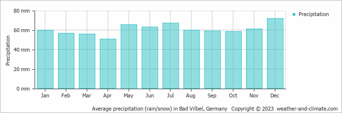 Average monthly rainfall, snow, precipitation in Bad Vilbel, 