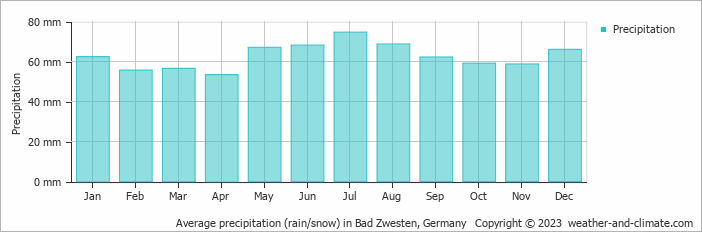 Average monthly rainfall, snow, precipitation in Bad Zwesten, 