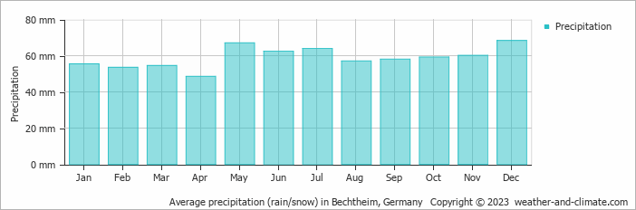 Average monthly rainfall, snow, precipitation in Bechtheim, 