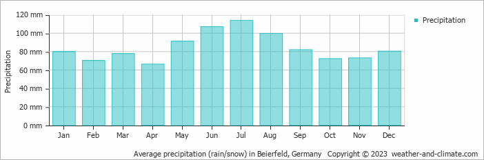 Average monthly rainfall, snow, precipitation in Beierfeld, 
