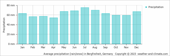 Average monthly rainfall, snow, precipitation in Bergfreiheit, Germany