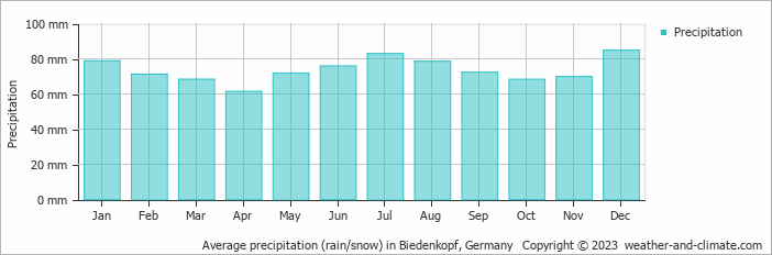Average monthly rainfall, snow, precipitation in Biedenkopf, 