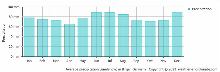 Average monthly rainfall, snow, precipitation in Birgel, 