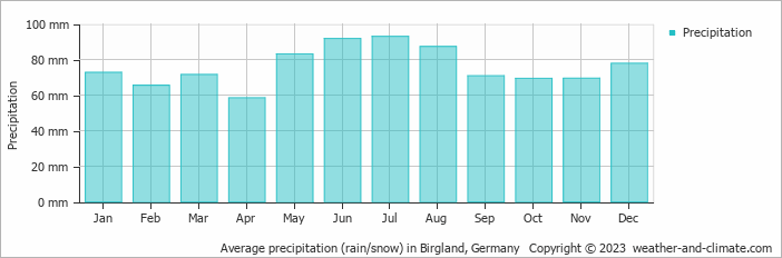 Average monthly rainfall, snow, precipitation in Birgland, Germany