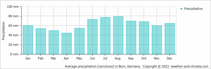 Average monthly rainfall, snow, precipitation in Born, 